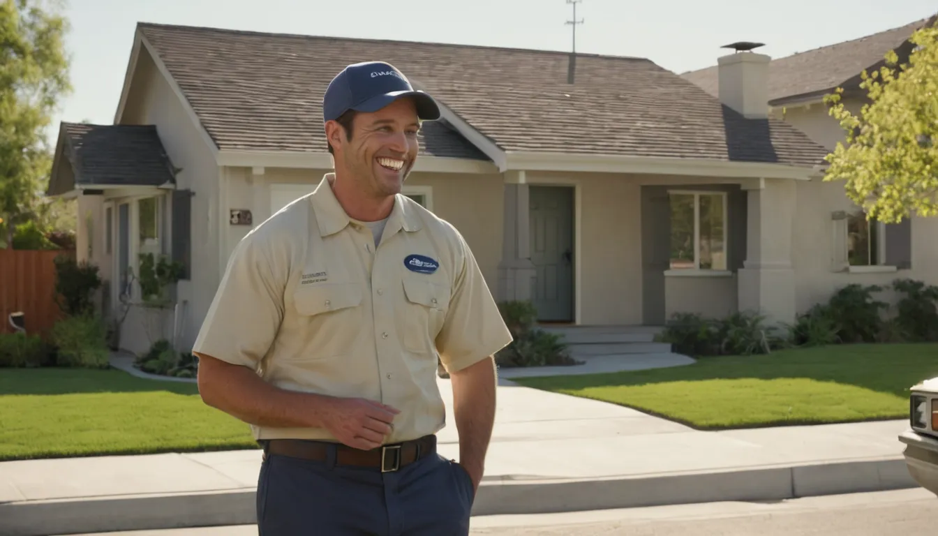 Friendly septic provider speaking with a homeowner outside a stucco ranch home in Diamond Bar